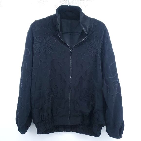 no label Jackets & Blazers - Vintage Women Embroidered Ribbon Flower Detail Bomber Jacket Puff Sleeve| L